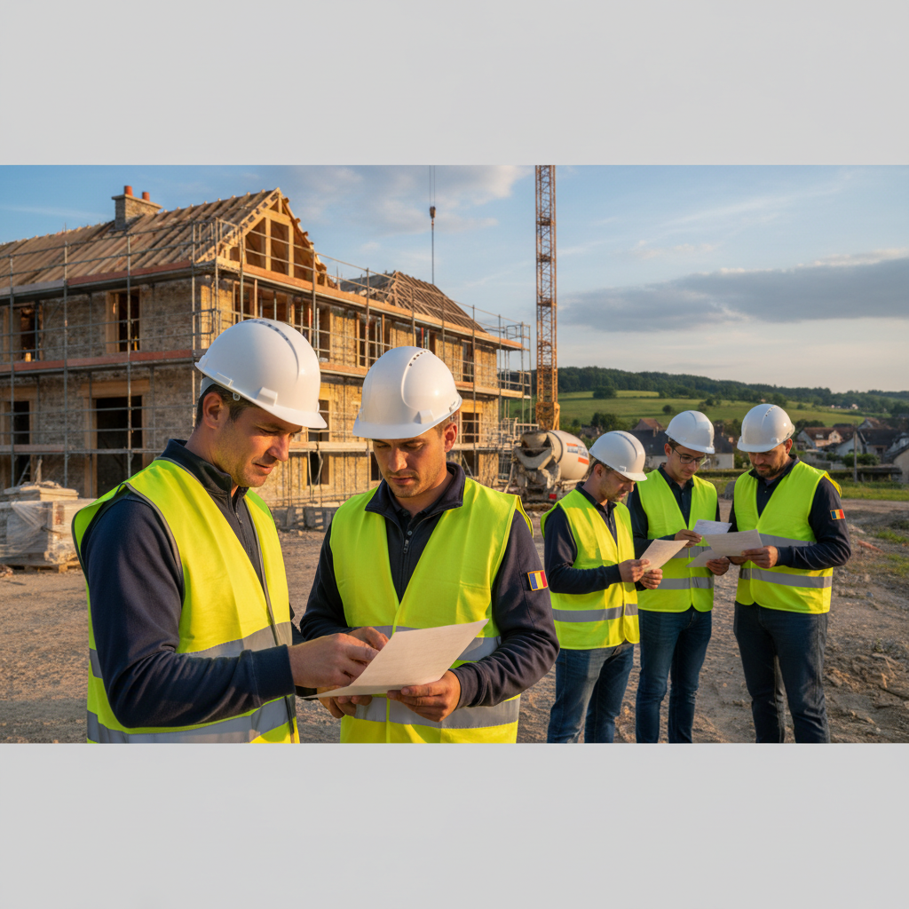 Manager vérifiant les permis de travailleurs roumains sur un chantier.