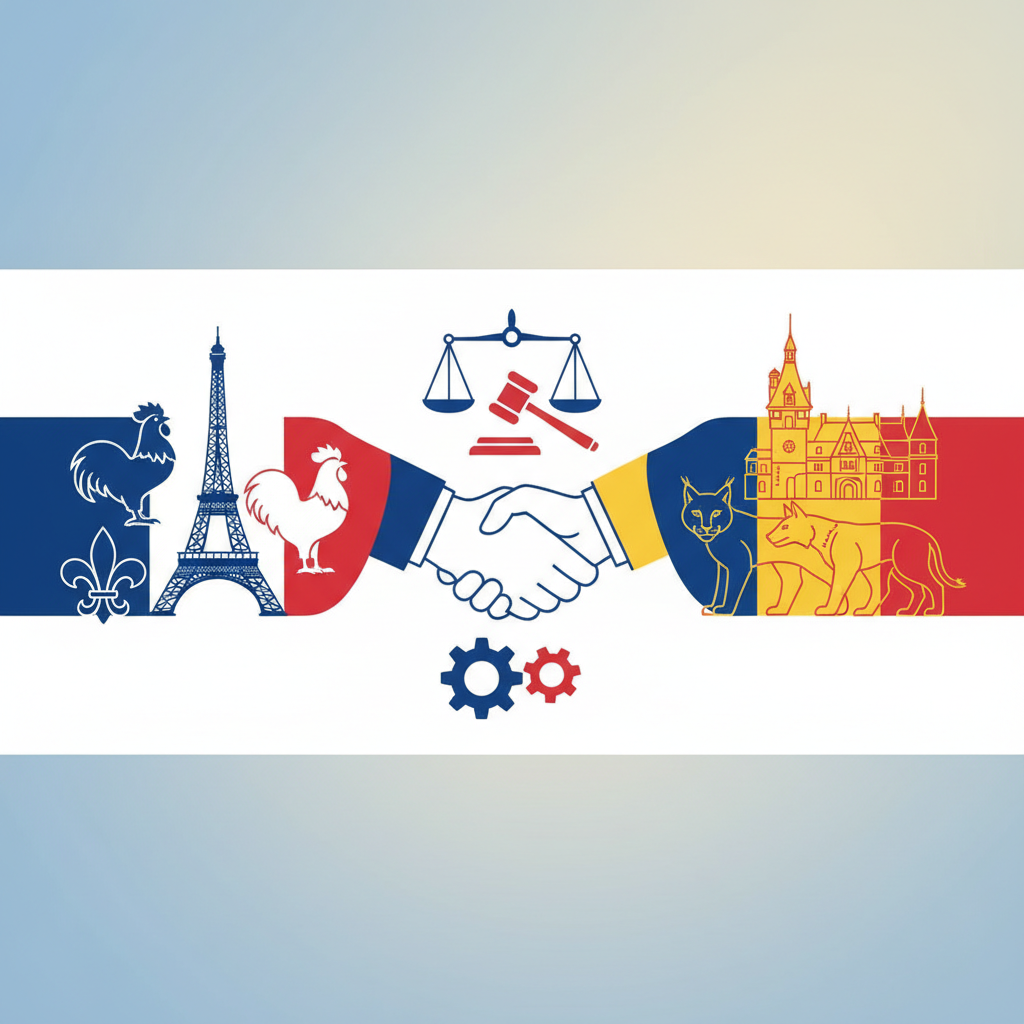 Infographie symbolisant l'accord de travail France-Roumanie et la conformité légale.