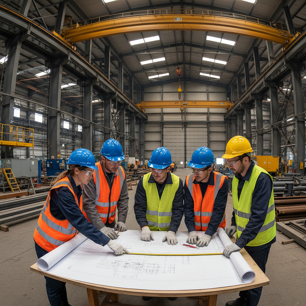 Équipe industrielle franco-roumaine examinant des plans techniques ensemble.