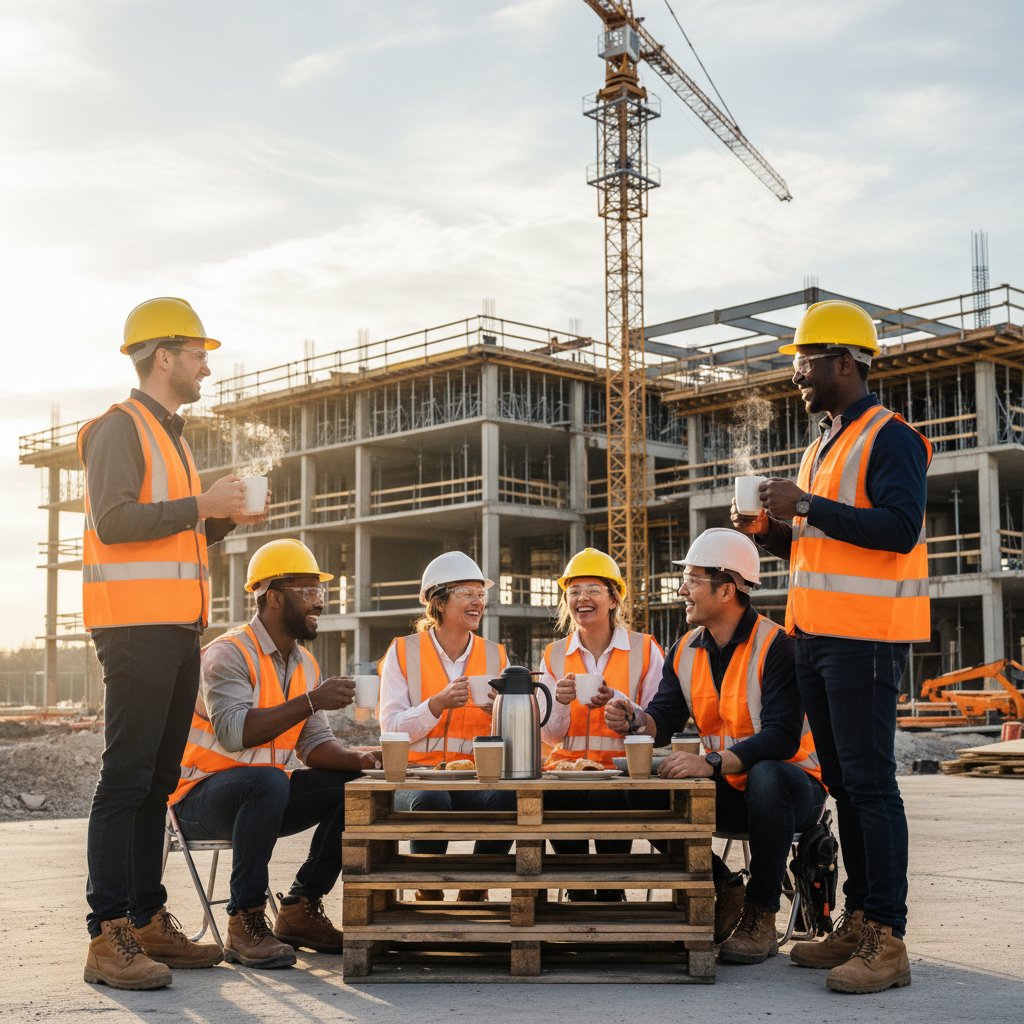 Équipe de construction diversifiée partageant un moment de convivialité.