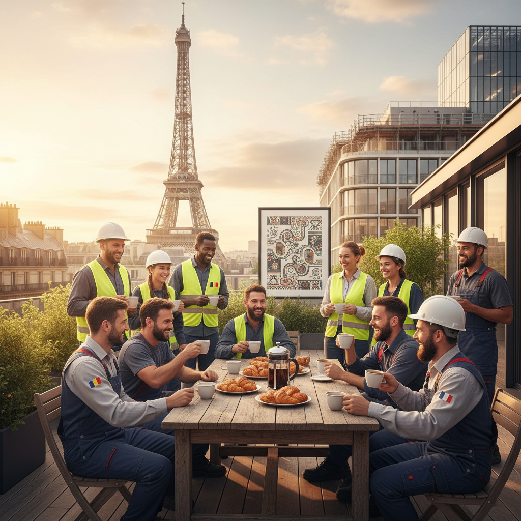 Équipe diverse dans une entreprise française, incluant des travailleurs roumains.