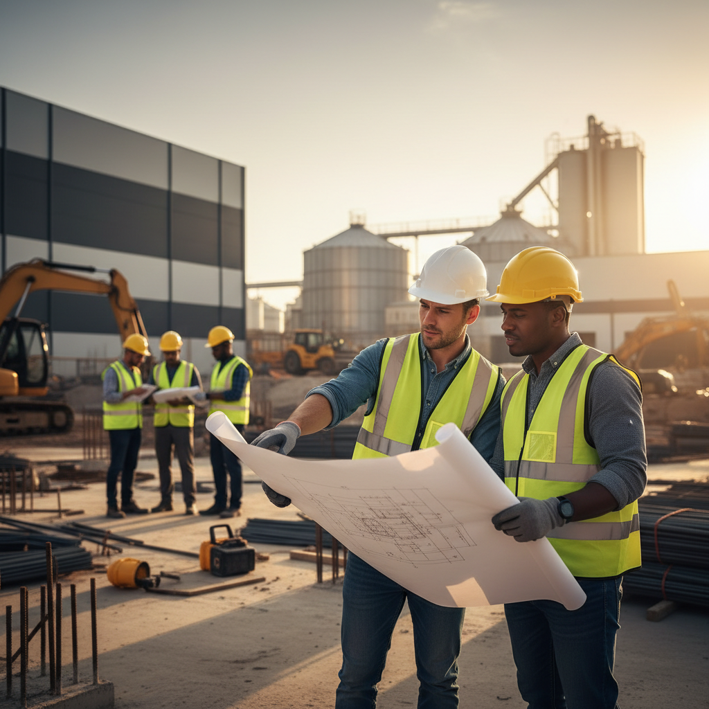 Ouvriers du bâtiment discutant un plan sur un chantier.
