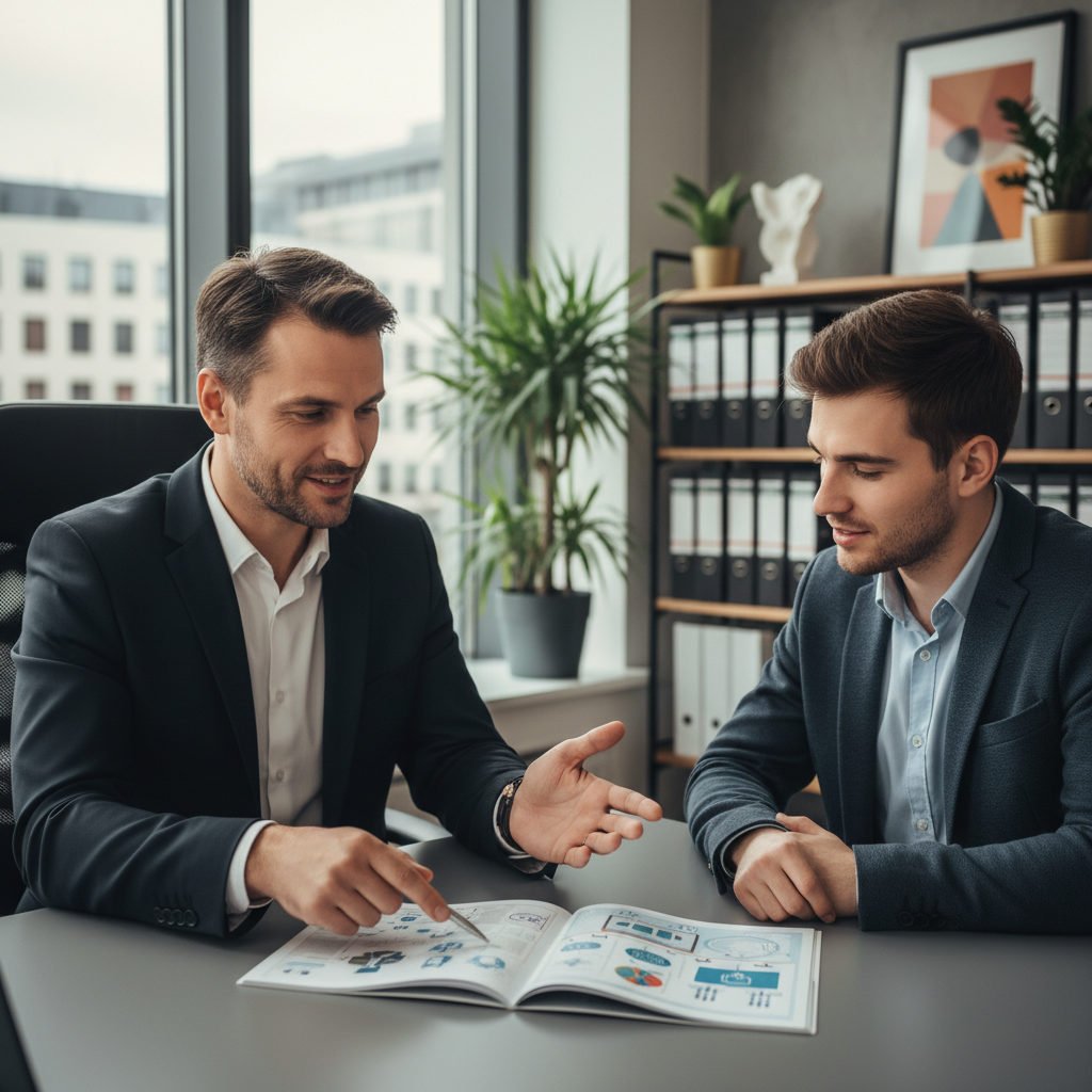Conseiller en agence d'intérim présentant une formation à un jeune.