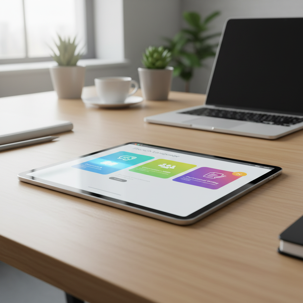 Écran de tablette montrant une application de formation FLE interactive.